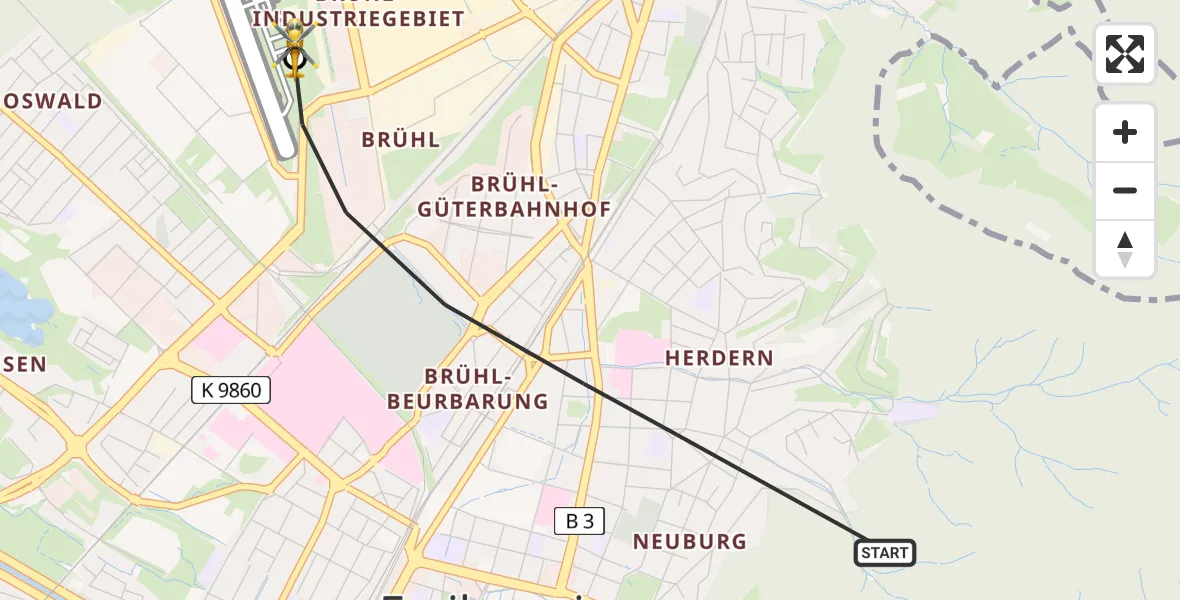 Flugroute Rettungshubschrauber Freiburg im Breisgau - Freiburg im Breisgau Flugplatz, 05 Juni 2026, 14:27