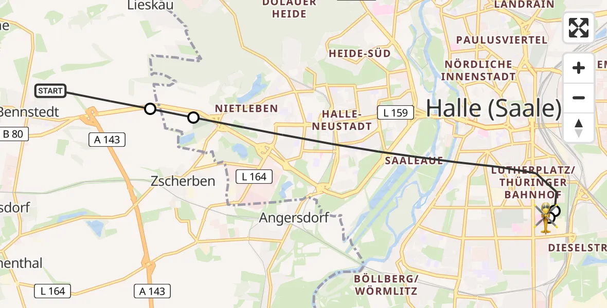 Flugroute Rettungshubschrauber Salzatal - BG Hospital Bergmannstrost Halle, 05 Juni 2026, 14:27
