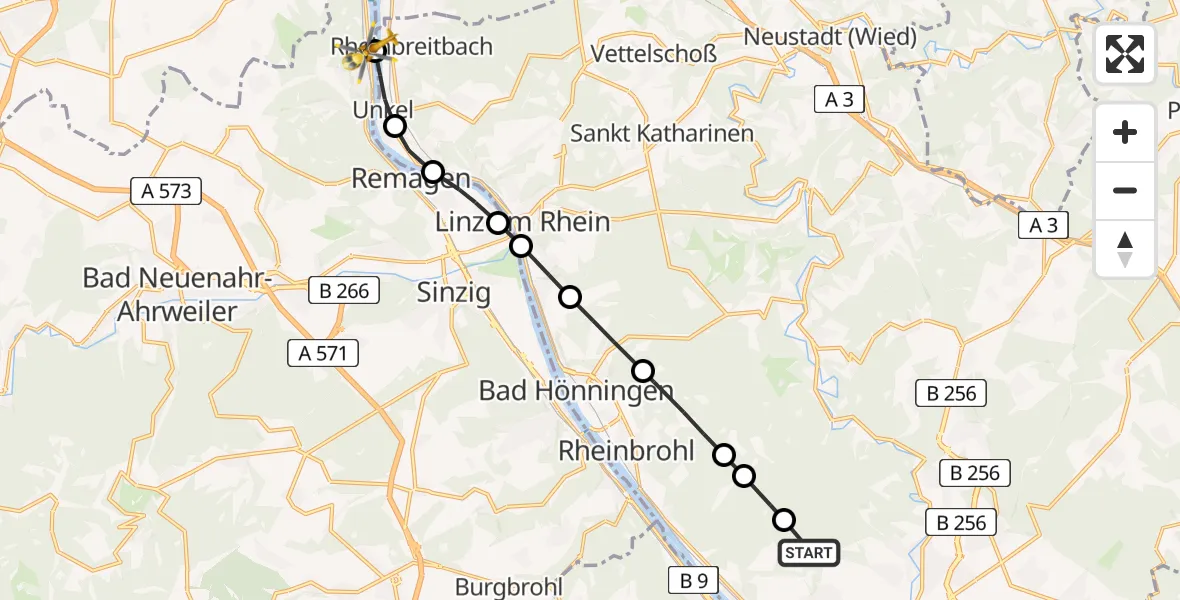 Flugroute Rettungshubschrauber Neuwied - Remagen, 05 Juni 2026, 14:27