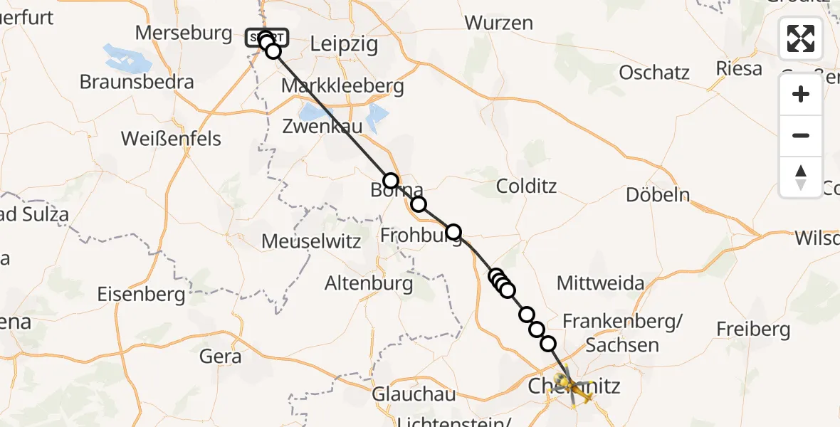 Flugroute Rettungshubschrauber ADAC Air Rescue Station Leipzig/Schkeuditz-Dölzig Hubschrauberlandeplatz (Christoph 61) - Chemnitz, 05 Juni 2026, 14:36