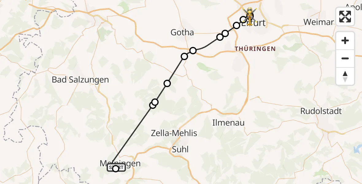 Flugroute Ambulanzhubschrauber Helios Clinic Meiningen - Helios Clinic Erfurt, 05 Juni 2026, 14:37