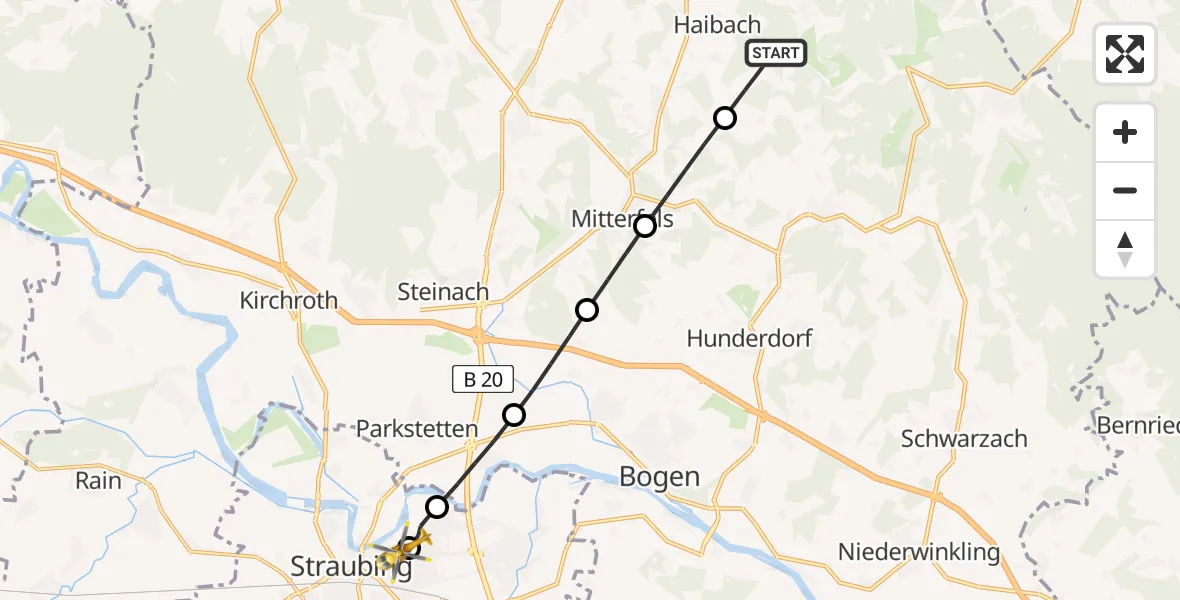 Flugroute Rettungshubschrauber Haibach - Sankt Elisabeth Hospital Straubing, 05 Juni 2026, 14:45