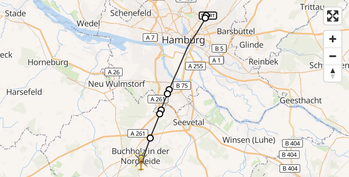 Flugroute Rettungshubschrauber Hamburg Military Hospital - Buchholz in der Nordheide, 05 Juni 2026, 14:49