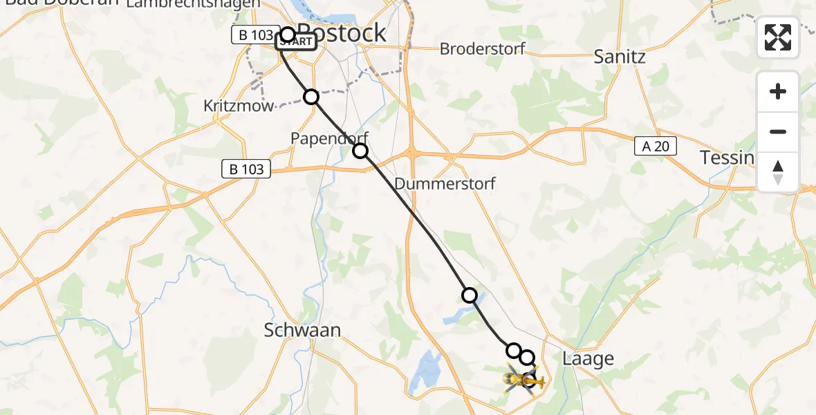 Flugroute Rettungshubschrauber Rostock University Hubschrauberlandeplatz - Flughafen Rostock-Laage, 05 Juni 2026, 14:53