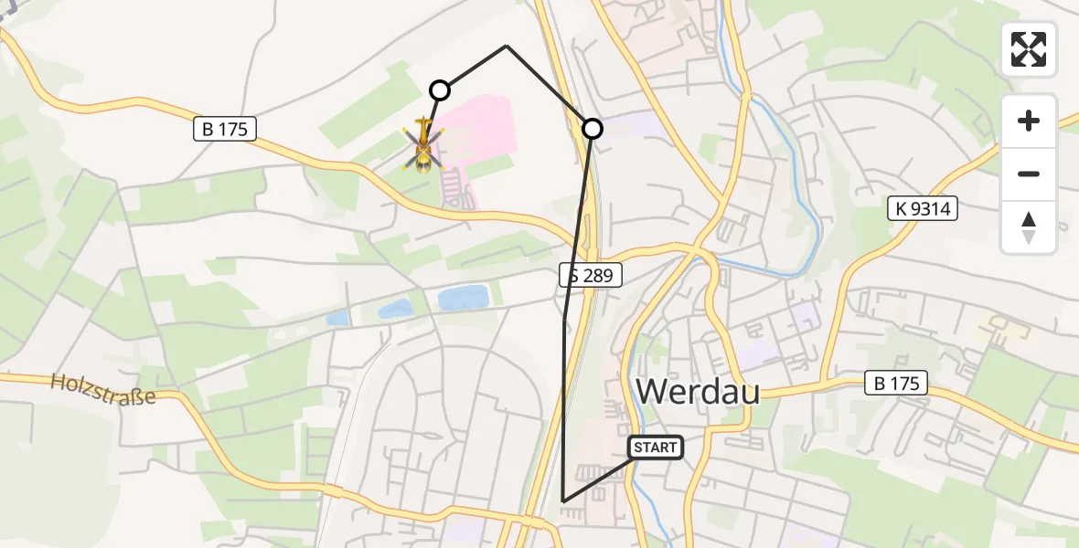 Flugroute Rettungshubschrauber Werdau - Pleißental Hospital, 05 Juni 2026, 14:55