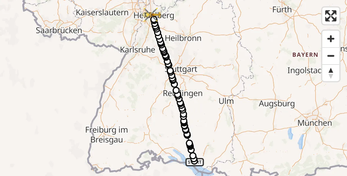 Flugroute Rettungshubschrauber Friedrichshafen Hospital - Heidelberg, 05 Juni 2026, 14:59