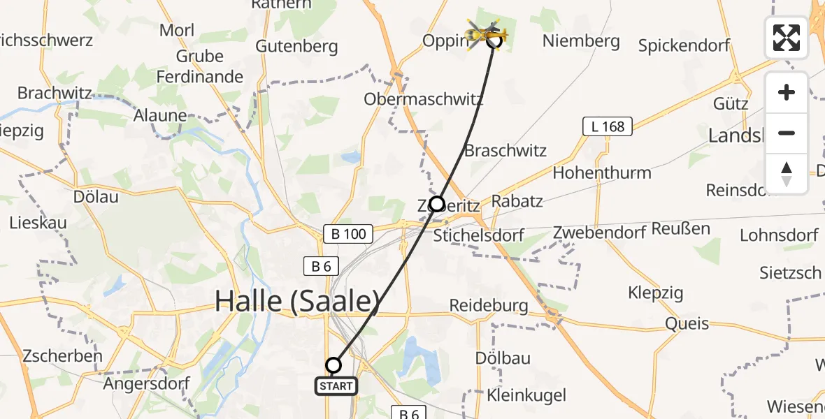 Flugroute Rettungshubschrauber BG Hospital Bergmannstrost Halle - Halle-Oppin Flugplatz, 05 Juni 2026, 15:02
