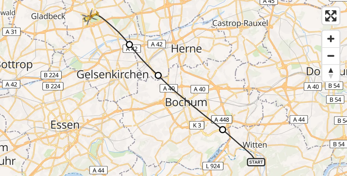 Flugroute Rettungshubschrauber Witten - Gelsenkirchen, 05 Juni 2026, 15:08
