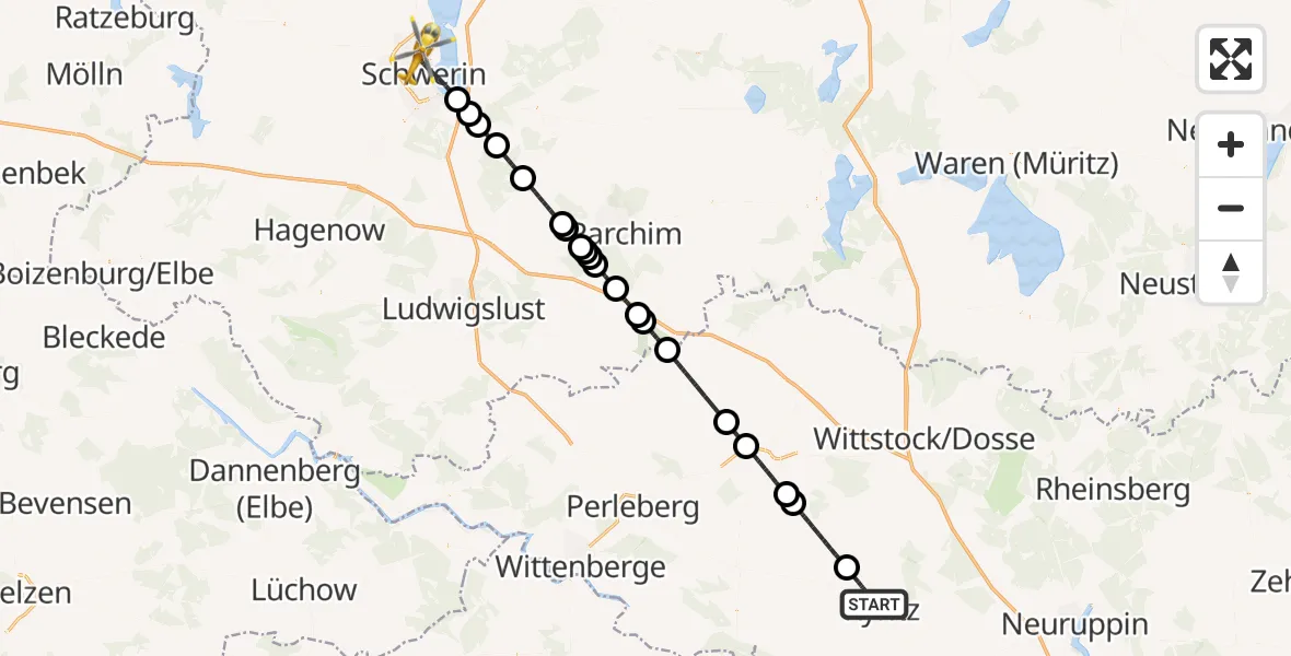 Flugroute Rettungshubschrauber Kyritz - Schwerin, 05 Juni 2026, 15:14