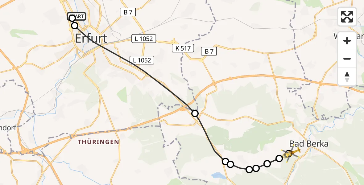 Flugroute Ambulanzhubschrauber Helios Clinic Erfurt - DRF Rettungsstation Bad Berka Hubschrauberlandeplatz, 05 Juni 2026, 15:24