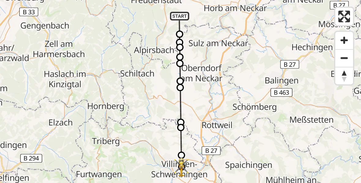 Flugroute Ambulanzhubschrauber Loßburg - DRF Air Rescue Station Villingen-Schwenningen Hubschrauberlandeplatz (Christoph 11), 05 Juni 2026, 15:27