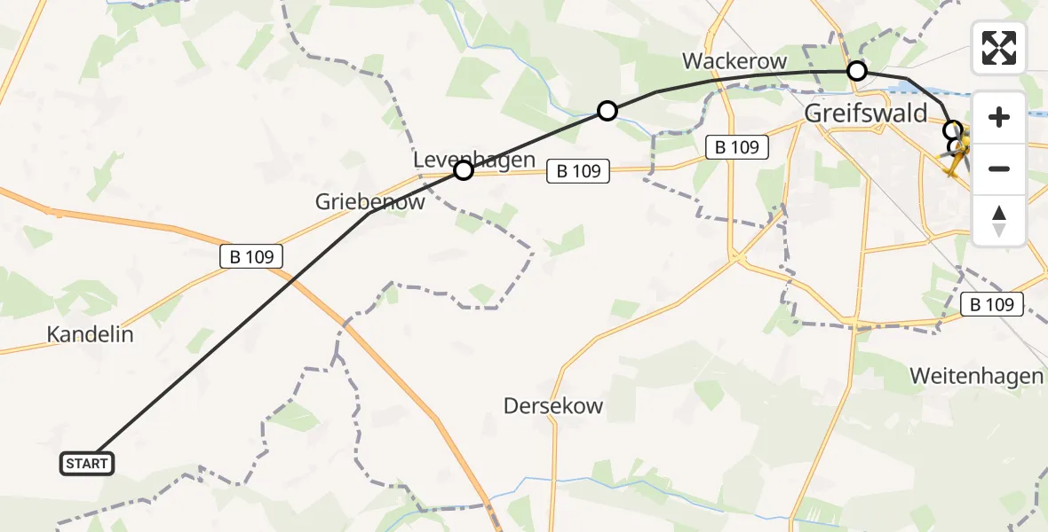 Flugroute Rettungshubschrauber Süderholz - Greifswald Hospital, 05 Juni 2026, 15:29