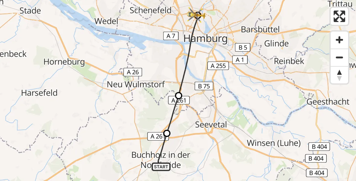 Flugroute Rettungshubschrauber Buchholz in der Nordheide - Universitätsklinikum Hamburg-Eppendorf Hubschrauberlandeplatz, 05 Juni 2026, 15:32