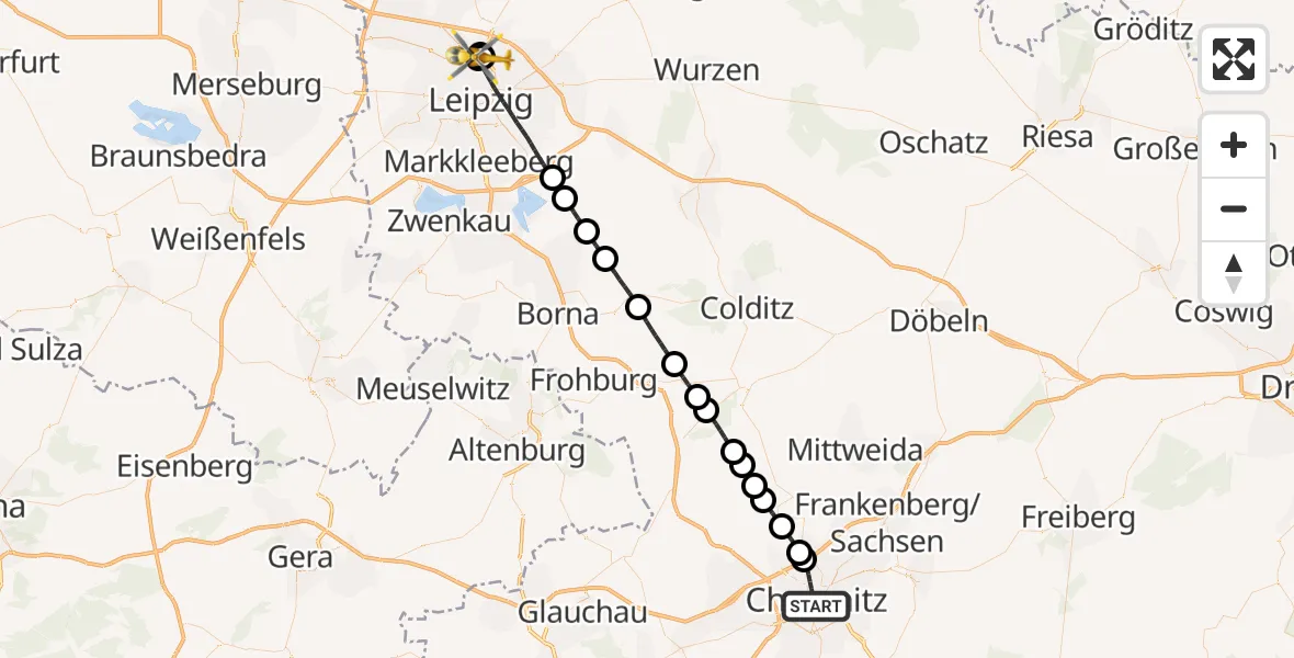 Flugroute Rettungshubschrauber Chemnitz - Sankt George Hospital Leipzig, 05 Juni 2026, 15:37