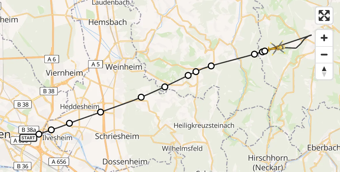 Flugroute Rettungshubschrauber Mannheim-City Flughafen - Oberzent, 05 Juni 2026, 15:43