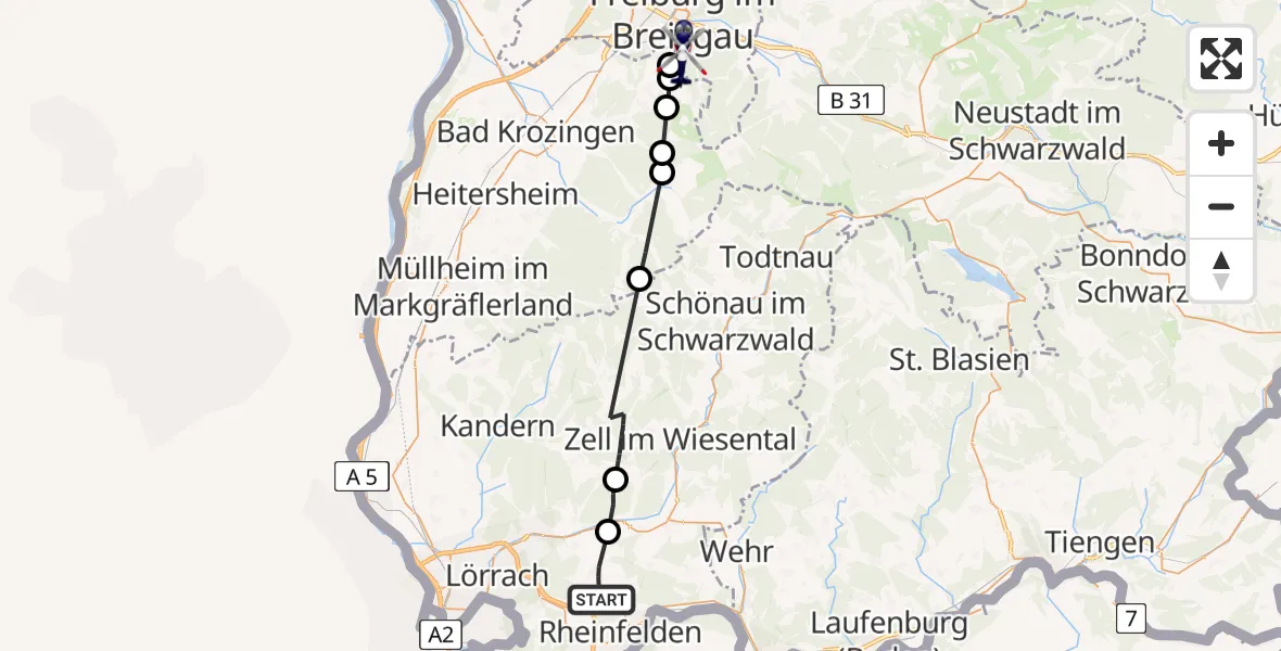 Flugroute Polizeihubschrauber Rheinfelden (Baden) - Freiburg im Breisgau, 05 Juni 2026, 15:49
