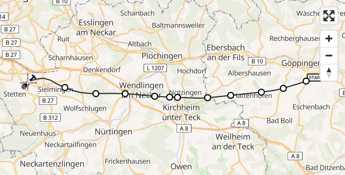 Flugroute Polizeihubschrauber Göppingen - Flughafen Stuttgart, 05 Juni 2026, 16:07