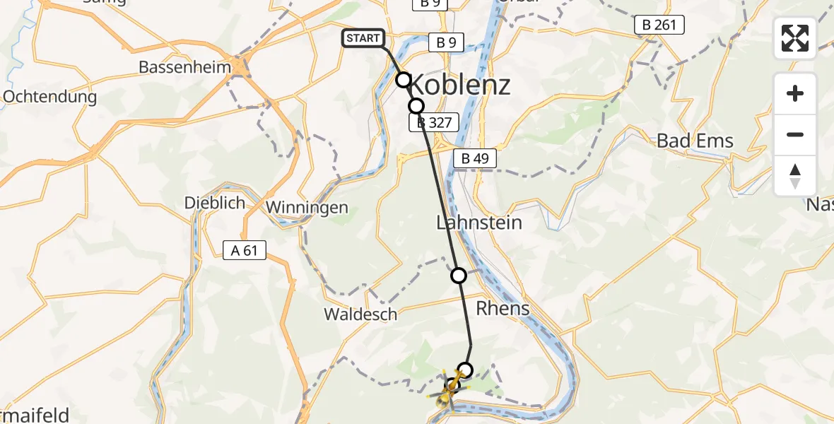 Flugroute Rettungshubschrauber Koblenz - Jakobsberg Hubschrauberlandeplatz, 05 Juni 2026, 16:16