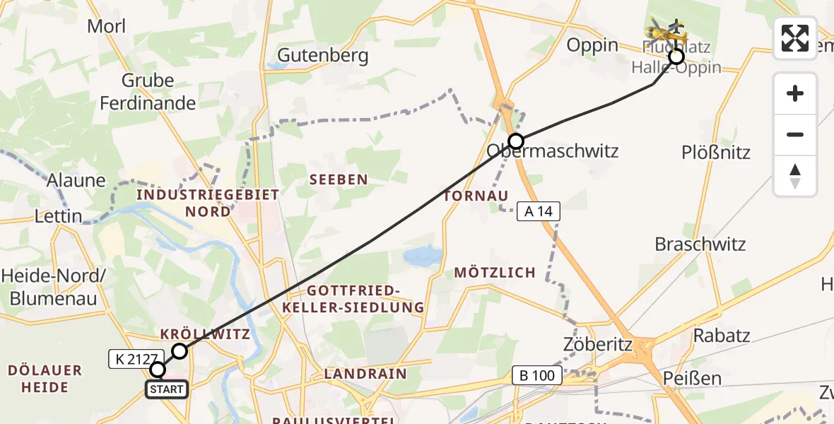 Flugroute Rettungshubschrauber Halle (Saale) University Hospital - Halle-Oppin Flugplatz, 05 Juni 2026, 16:17