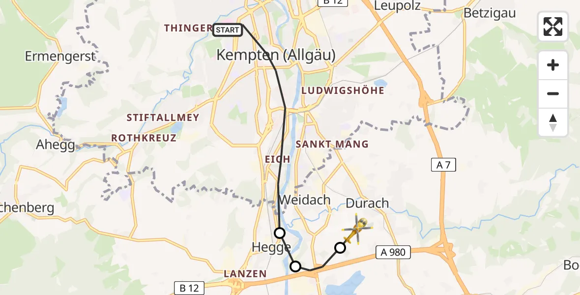 Flugroute Rettungshubschrauber Kempten (Allgäu) - Kempten-Durach Flugplatz, 05 Juni 2026, 16:17