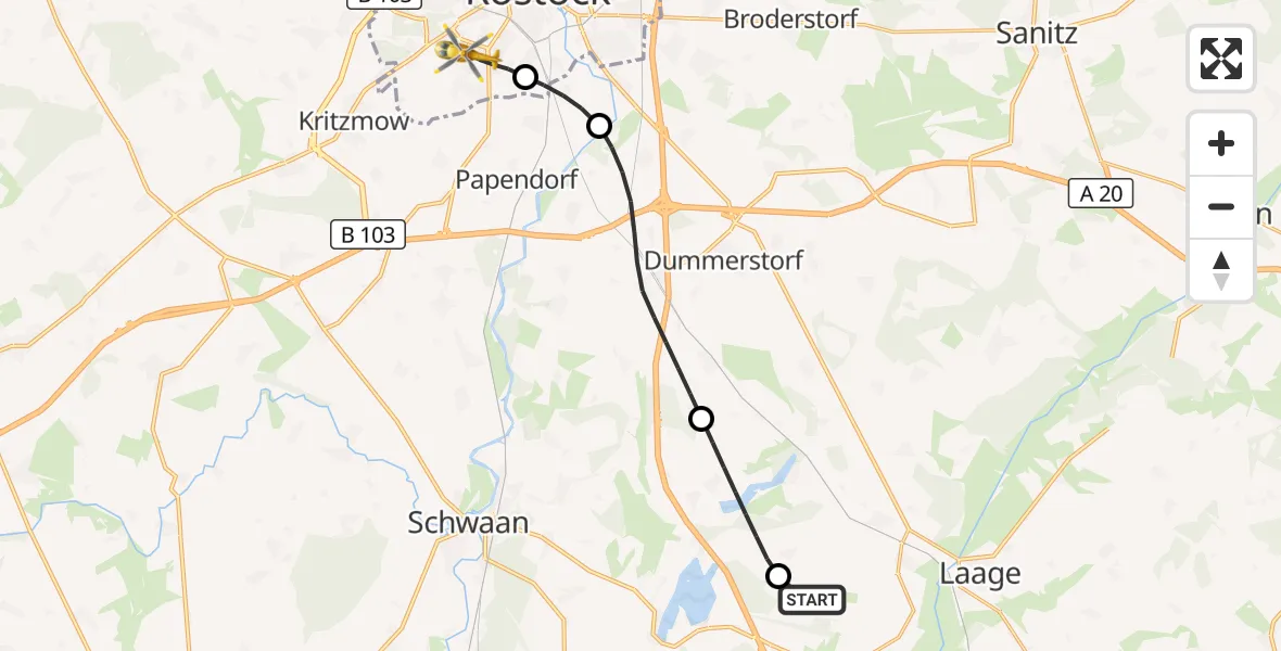 Flugroute Rettungshubschrauber Flughafen Rostock-Laage - Rostock, 05 Juni 2026, 16:20