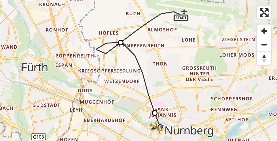 Flugroute Ambulanzhubschrauber Flughafen Nuremberg - Deutschherrnwiese Hubschrauberlandeplatz, 05 Juni 2026, 16:23