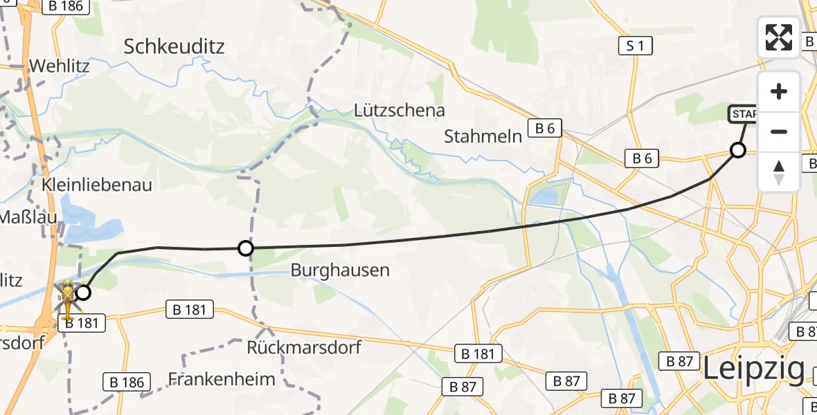 Flugroute Rettungshubschrauber Sankt Georg Hospital Leipzig Reserve - ADAC Air Rescue Station Leipzig/Schkeuditz-Dölzig Hubschrauberlandeplatz (Christoph 61), 05 Juni 2026, 16:43