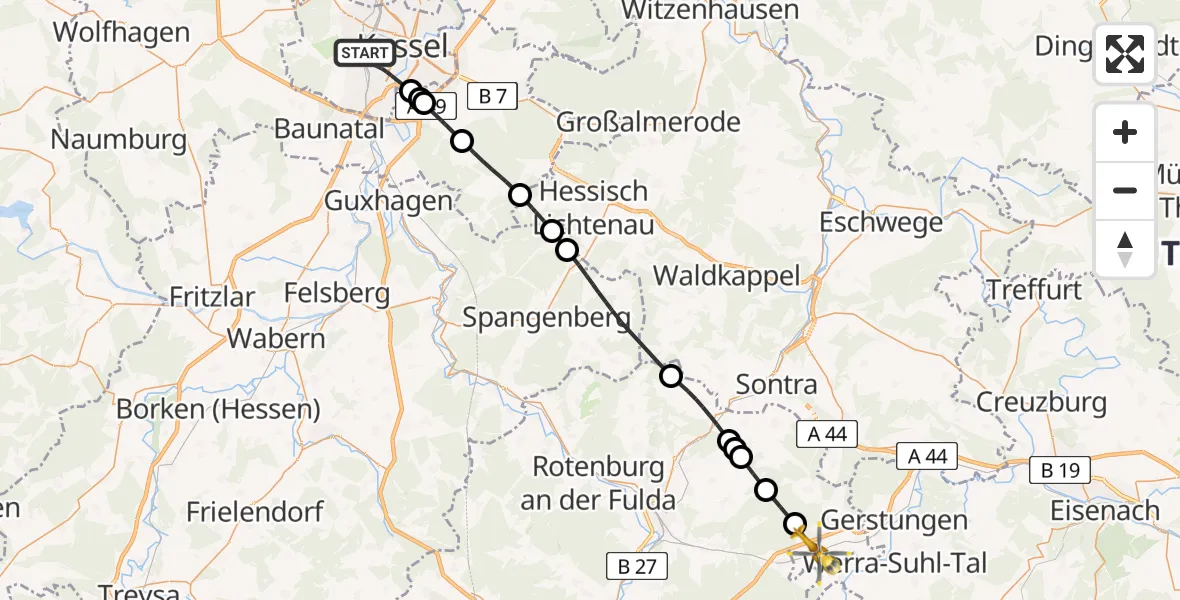 Flugroute Rettungshubschrauber Kassel - Wildeck, 05 Juni 2026, 16:44