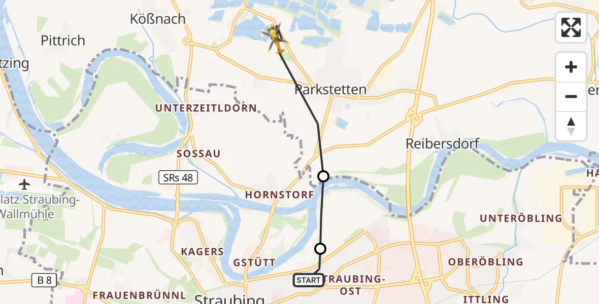 Flugroute Rettungshubschrauber Sankt Elisabeth Hospital Straubing - Parkstetten, 05 Juni 2026, 16:47