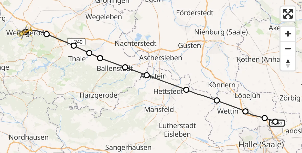 Flugroute Rettungshubschrauber Halle-Oppin Flugplatz - Harz Hospital Wernigerode, 05 Juni 2026, 16:57
