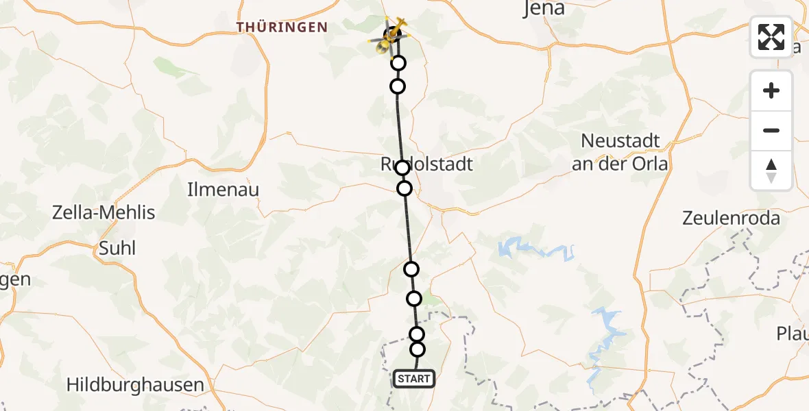 Flugroute Ambulanzhubschrauber Steinbach a.Wald - Bad Berka Central Hospital, 05 Juni 2026, 17:06