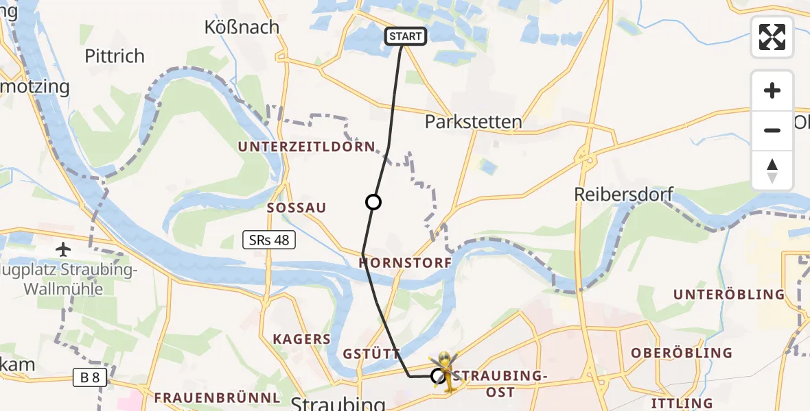 Flugroute Rettungshubschrauber Parkstetten - Sankt Elisabeth Hospital Straubing, 05 Juni 2026, 17:12