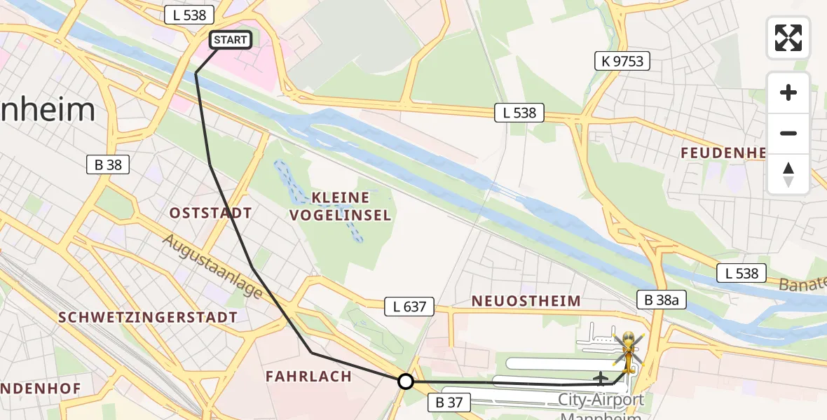 Flugroute Rettungshubschrauber Mannheim - Mannheim-City Flughafen, 05 Juni 2026, 17:14