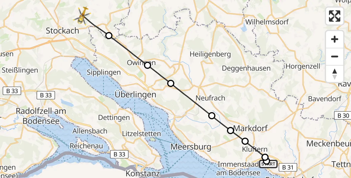 Flugroute Rettungshubschrauber Friedrichshafen Hospital - Stockach, 05 Juni 2026, 17:17