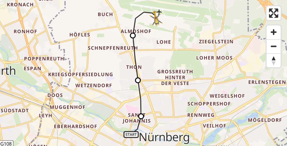 Flugroute Ambulanzhubschrauber Deutschherrnwiese Hubschrauberlandeplatz - Flughafen Nuremberg, 05 Juni 2026, 17:21