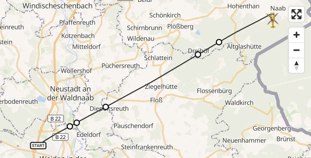 Flugroute Rettungshubschrauber Weiden i.d.OPf. - Bärnau, 05 Juni 2026, 17:31