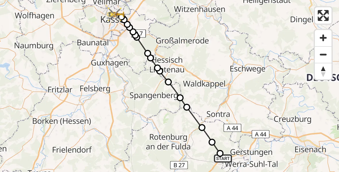 Flugroute Rettungshubschrauber Wildeck - Kassel, 05 Juni 2026, 17:35