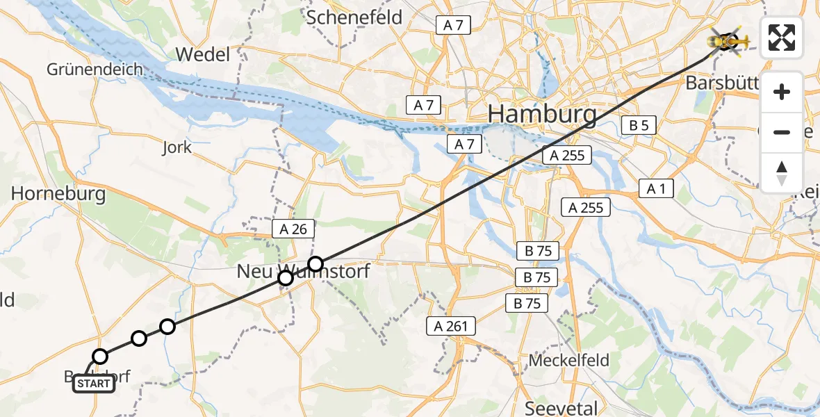 Flugroute Rettungshubschrauber Beckdorf - Wilhelmstift Catholic Children's Hospital, 05 Juni 2026, 17:35