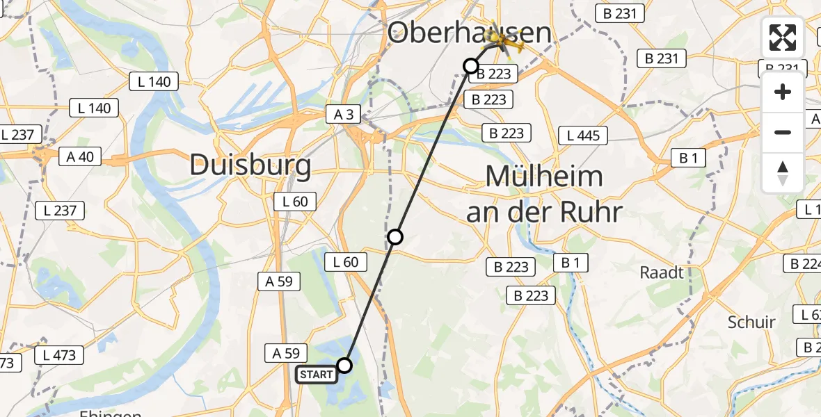 Flugroute Rettungshubschrauber Duisburg Air Rescue Hubschrauberlandeplatz (Christoph 9) - Oberhausen, 05 Juni 2026, 17:37