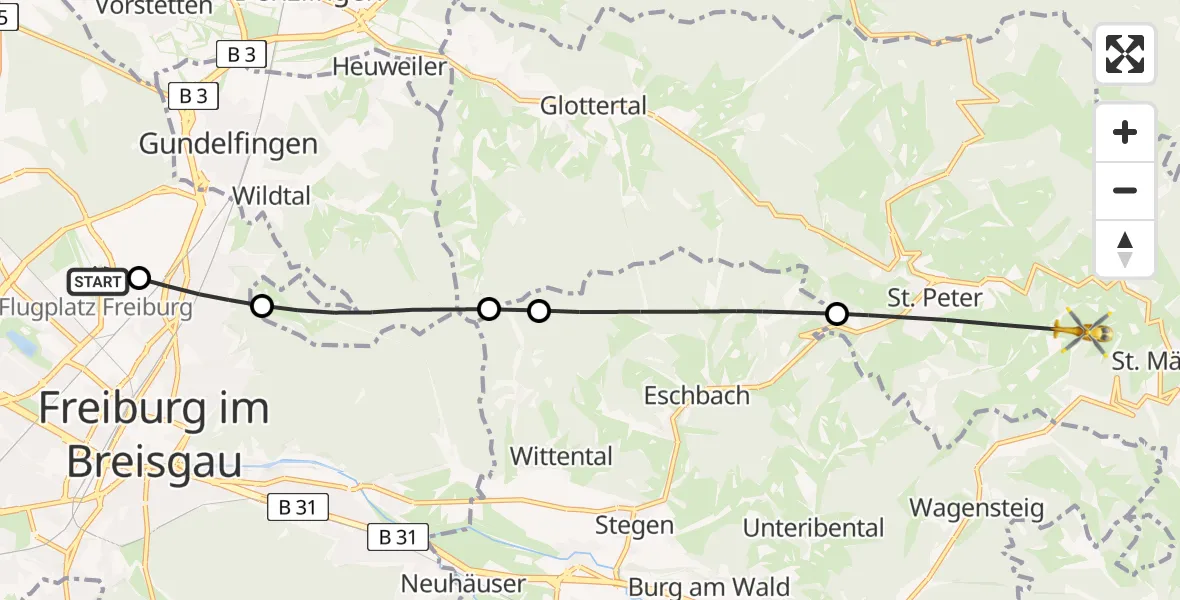 Flugroute Rettungshubschrauber Freiburg im Breisgau Flugplatz - St. Peter, 05 Juni 2026, 17:38