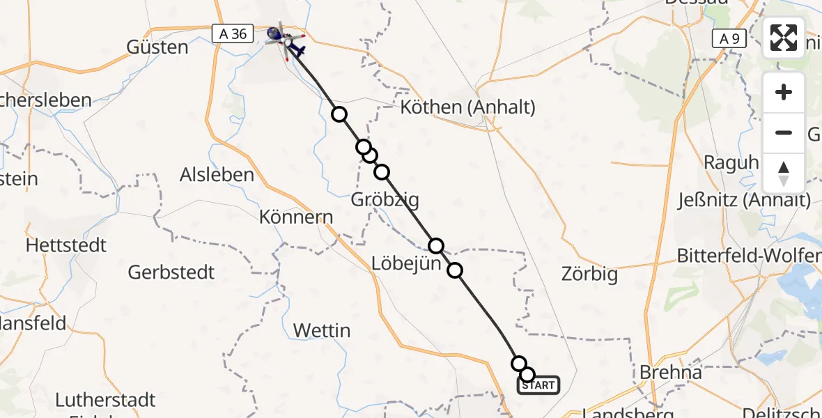 Flugroute Polizeihubschrauber Halle-Oppin Flugplatz - Bernburg (Saale), 05 Juni 2026, 17:41