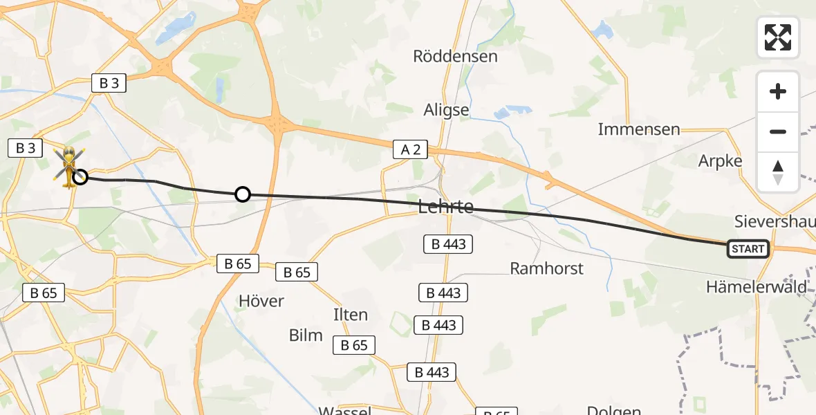Flugroute Rettungshubschrauber Lehrte - Hannover Luftrettung Hubschrauberlandeplatz (Christoph 4), 05 Juni 2026, 18:02
