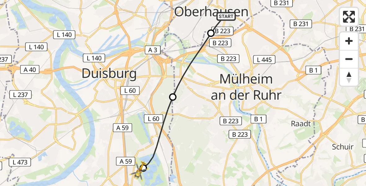 Flugroute Rettungshubschrauber Oberhausen - Duisburg Air Rescue Hubschrauberlandeplatz (Christoph 9), 05 Juni 2026, 18:11