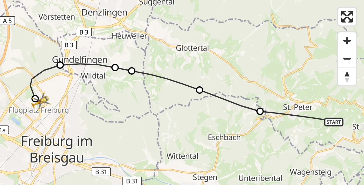 Flugroute Rettungshubschrauber St. Peter - Freiburg im Breisgau Flugplatz, 05 Juni 2026, 18:12