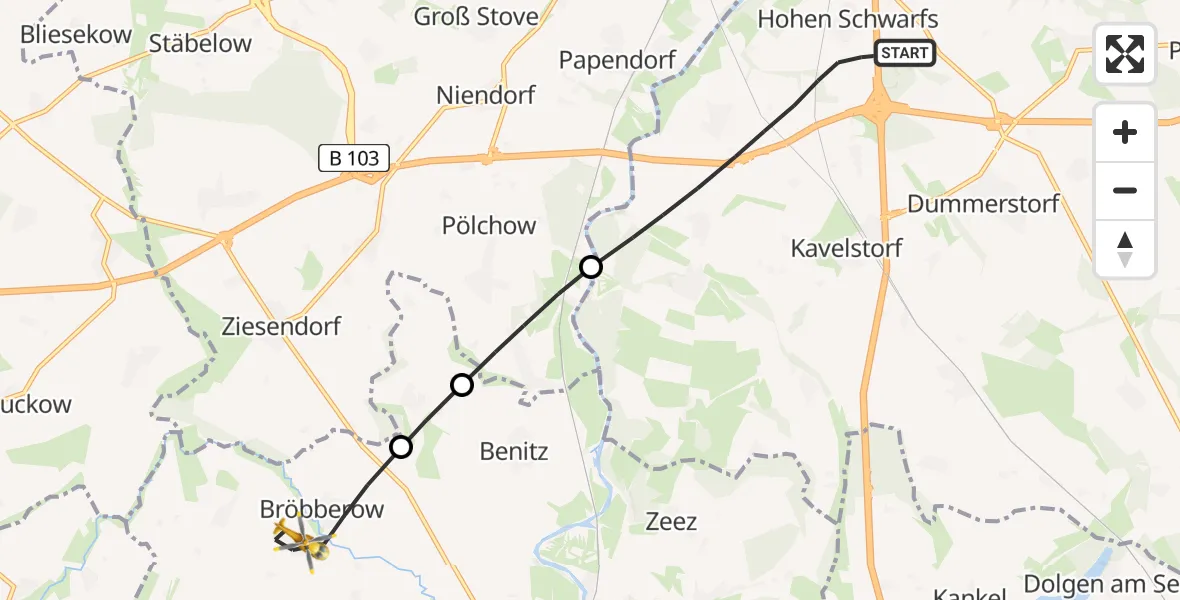 Flugroute Ambulanzhubschrauber Dummerstorf - Bröbberow, 05 Juni 2026, 18:16