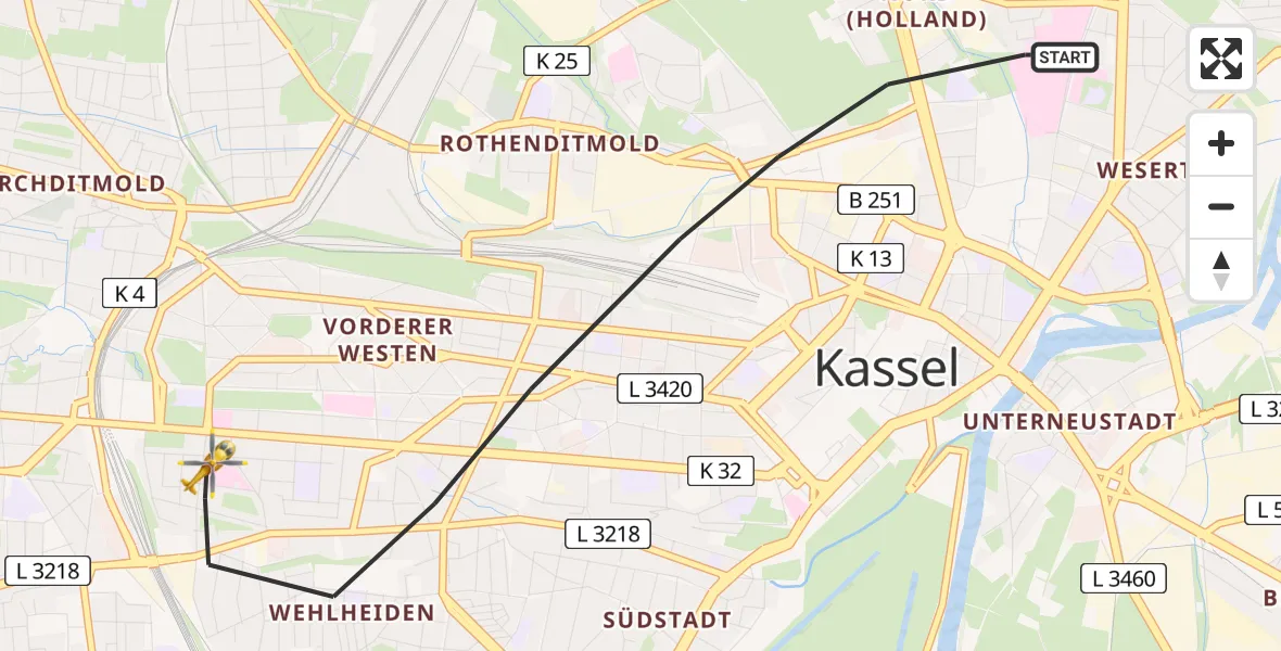 Flugroute Rettungshubschrauber Kassel - Kassel, 05 Juni 2026, 18:17