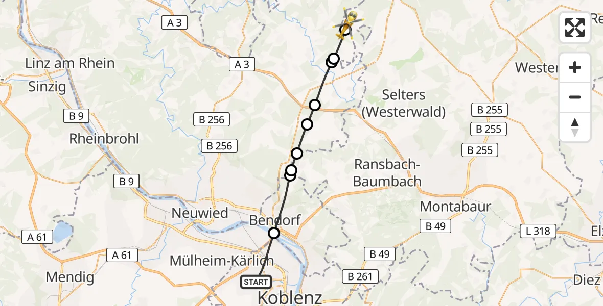 Flugroute Rettungshubschrauber Koblenz - Roßbach, 05 Juni 2026, 18:27