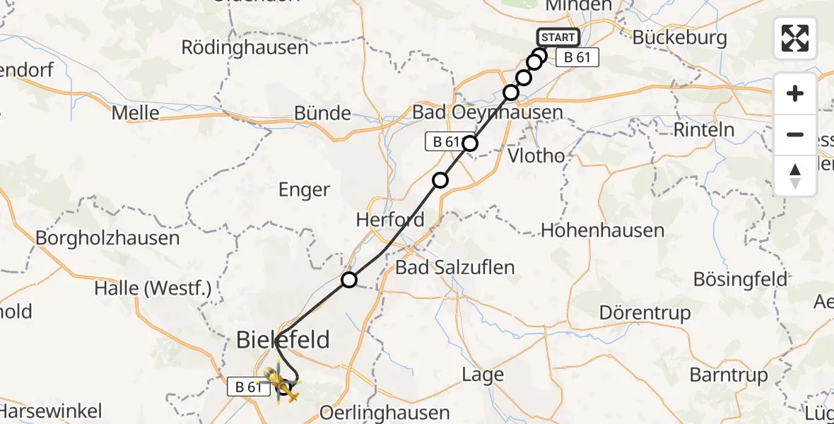 Flugroute Rettungshubschrauber Minden - Luftrettungszentrum Bielefeld, 05 Juni 2026, 18:36