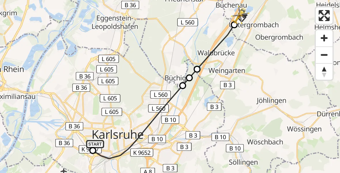 Flugroute Ambulanzhubschrauber Sankt Vincentius Hospital - Bruchsal, 05 Juni 2026, 18:41