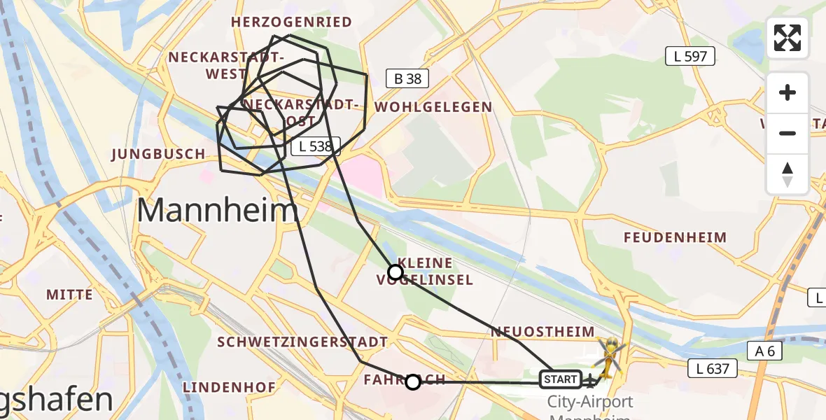 Flugroute Rettungshubschrauber Mannheim-City Flughafen - Mannheim-City Flughafen, 05 Juni 2026, 18:58